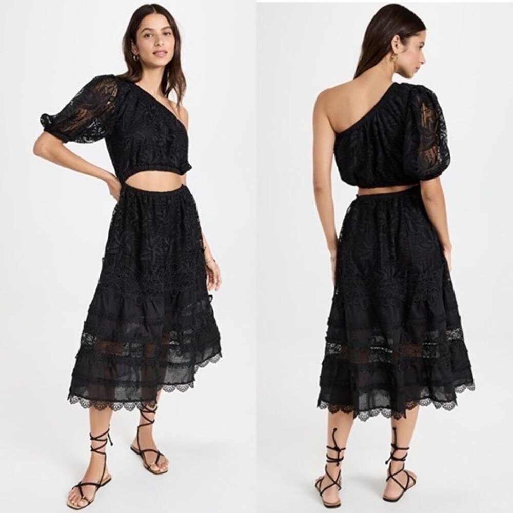 NWT Waimari Jade Midi Dress M Black One Puff Shoulder Sheer Cutout Eyelet Lace